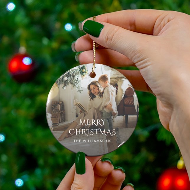 Christmas Family Photo Rustic Ceramic Ornament (Christmas Family Photo Typography Holiday Ceramic Ornament)