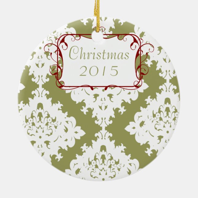 Christmas Family Photo Sage Green Damask Ceramic Ornament (Back)