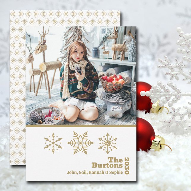  Christmas Family Photo Snowflake Gold White Holiday Card (The simple modern design of this photo Christmas card makes your fave pic the star of the show.)