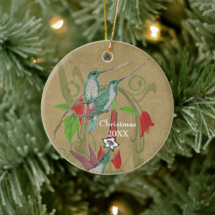 Christmas Family Photo Vintage Hummingbirds Ceramic Ornament