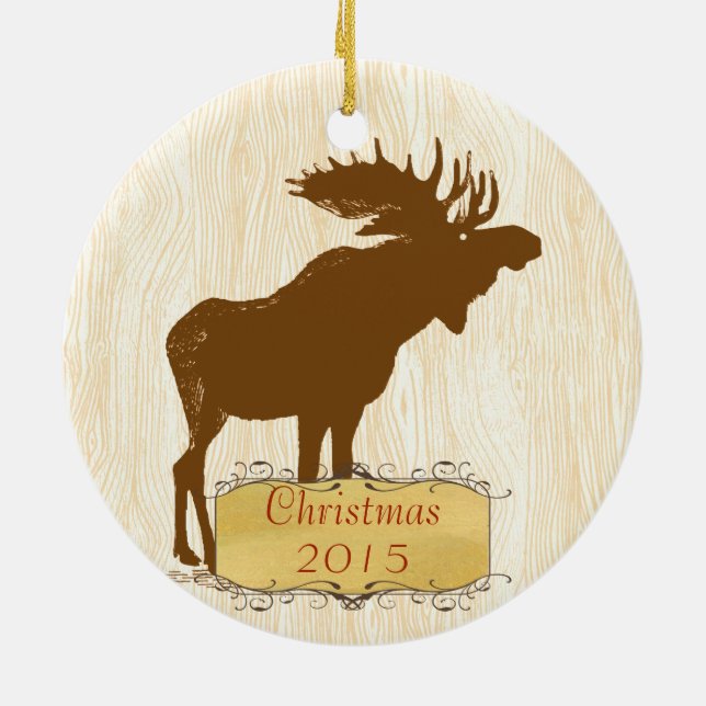 Christmas Family Photo Vintage Moose Ceramic Ornament (Back)