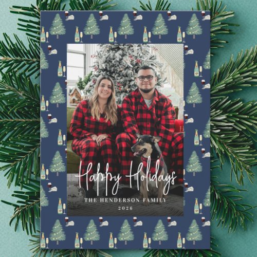 Christmas Family Photo Watercolor Tree &amp; Lights Holiday Card
