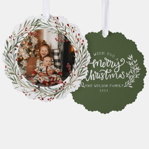Christmas family Photo Watercolor Wreath Family Ornament Card
