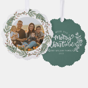 Christmas family Photo Watercolor Wreath Family  Ornament Card