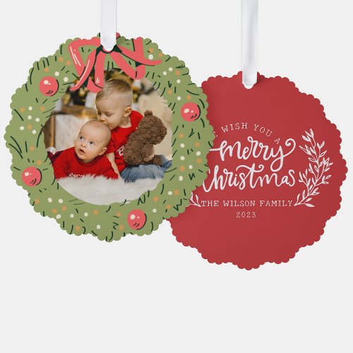 Christmas family Photo Watercolor Wreath Family Ornament Card