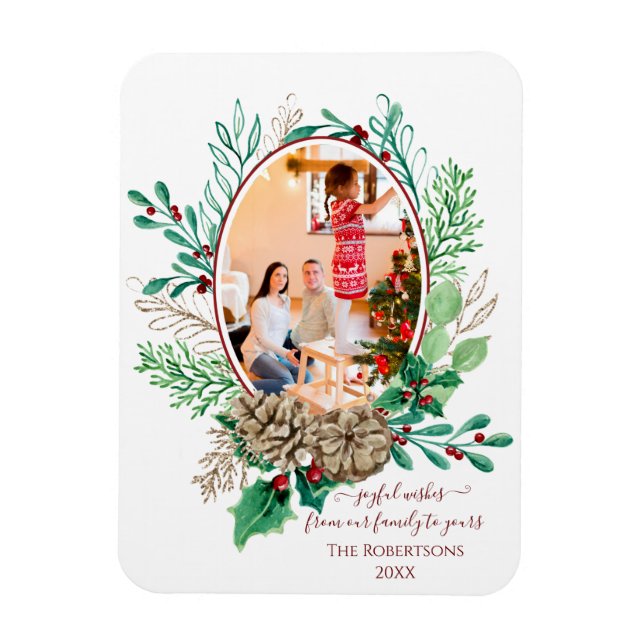 Christmas Family Photo Watercolor Wreath Holly Magnet (Vertical)