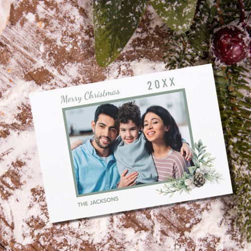 Christmas family photo white cone pine modern holiday card