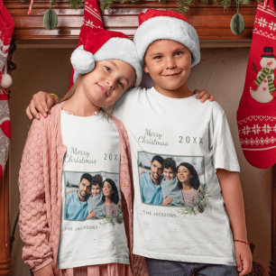 Christmas family photo white cone pine name girl T-Shirt
