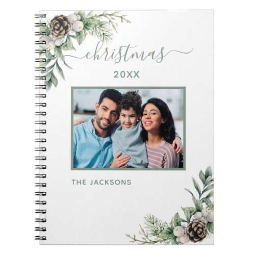 Christmas family photo white cone pine name notebook