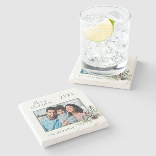 Christmas family photo white cone pine name stone coaster (Side)