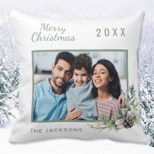 Christmas family photo white cone pine name throw pillow