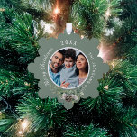 Christmas family photo white cone pine ornament card<br><div class="desc">Personalize and add your own family photo. A sage green background decorated with a cone and pine greenery.  Add your family name and year.</div>