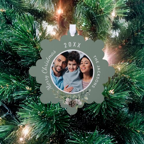 Christmas family photo white cone pine ornament card