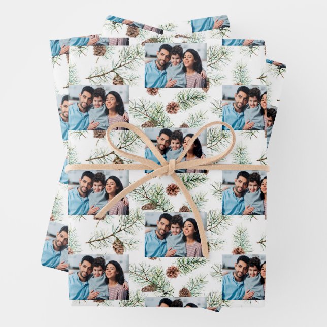 Christmas family photo white cone pine wrapping paper sheets (In situ)