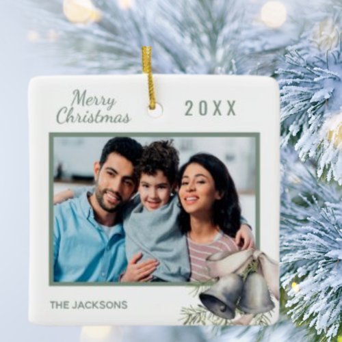 Christmas family photo white green bells ceramic ornament