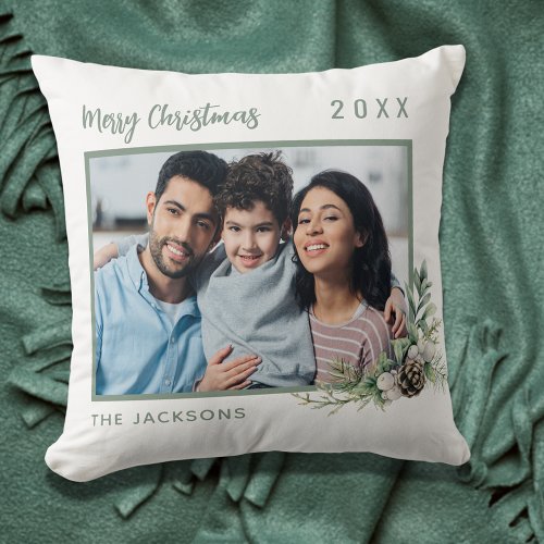 Christmas family photo white green cone pine name throw pillow