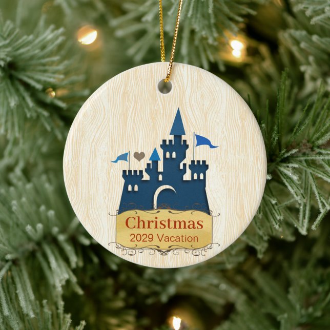Christmas Family Photo with Castle on back Ceramic Ornament (Tree)