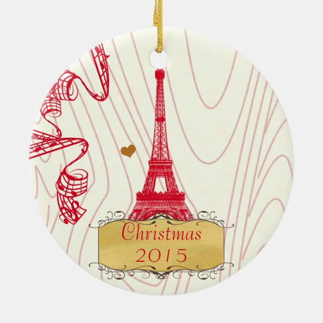 Christmas Family Photo with Eiffel Tower Ceramic Ornament (Back)