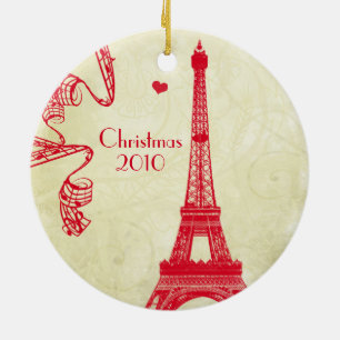 Christmas Family Photo with Eiffel Tower Ceramic Ornament