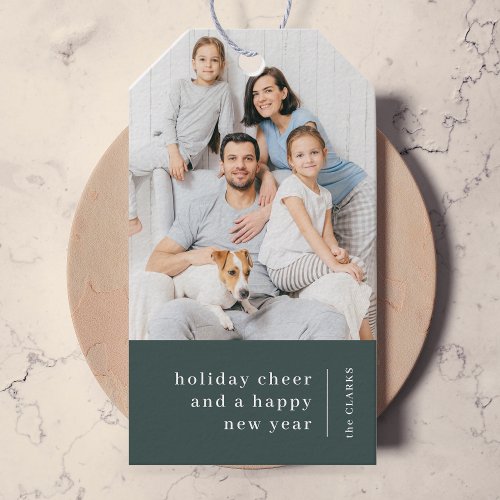 Christmas Family Portrait  Minimal Forest Green Gift Tags