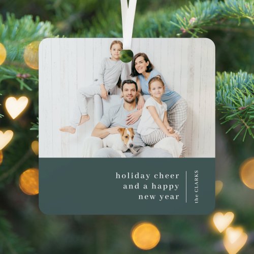 Christmas Family Portrait  Minimal Forest Green Metal Ornament