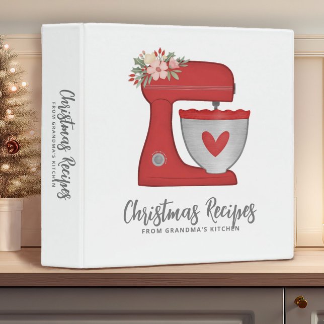 Christmas Family Recipe Cookbook Cake Mixer Bakery 3 Ring Binder (A pretty Christmas recipe binder featuring a red mixer. Makes a great Christmas gift!)