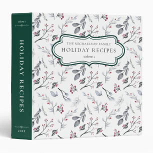 Christmas Family Recipes Watercolor Foliage 3 Ring Binder