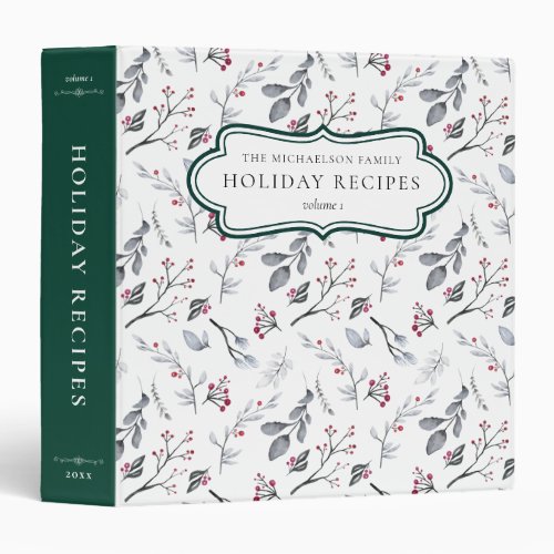 Christmas Family Recipes Watercolor Foliage 3 Ring Binder