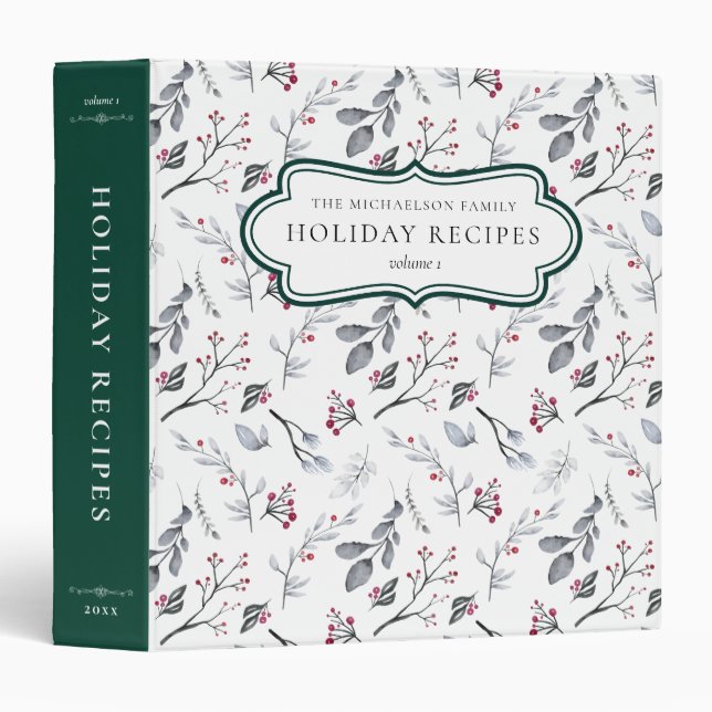 Christmas Family Recipes Watercolor Foliage 3 Ring Binder (Front/Spine)