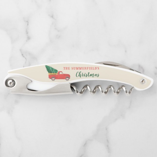 Christmas Family Red Truck Tree Holidays Keepsake Waiter's Corkscrew (Front)