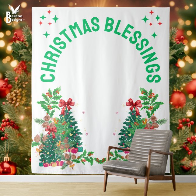 Christmas Family Reunion Photo Backdrop (CHRISTMAS BLESSINGS tapestry backdrop for festive family reunion photoshoots. Ideal Christmas decor.)