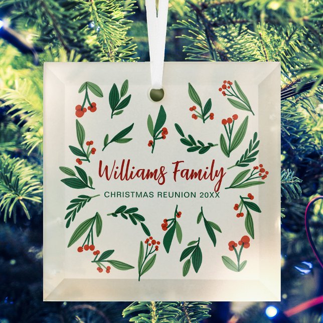 Christmas Family Reunion Red Green Holly Berry Glass Ornament (Creator Uploaded)