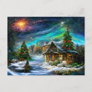 Christmas Fantasy Cottage with Christmas tree Postcard