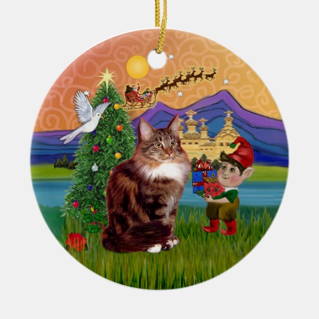 Christmas Fantasy - Maine Coon cat Ceramic Ornament (Front)