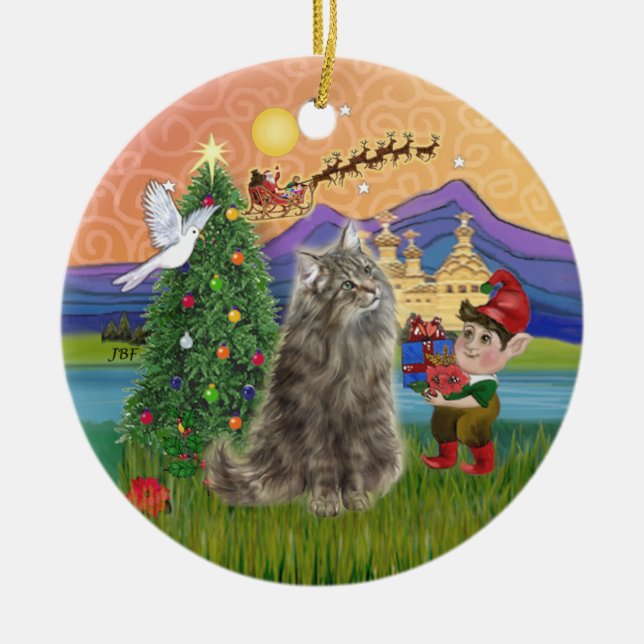 Christmas Fantasy - Norwegian Forest cat Ceramic Ornament (Front)