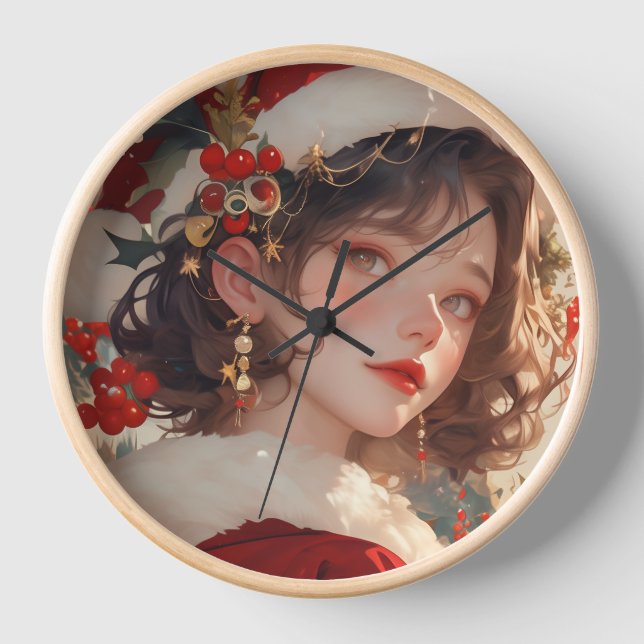 Christmas Fantasy: Romantic Wood Frame Wall Clock (Front)