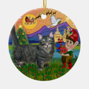 Christmas Fantasy - Tabby Munchkin Cat Ceramic Ornament