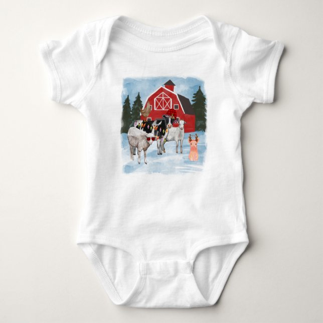 Christmas Farm Animals & Barn Baby Bodysuit (Front)