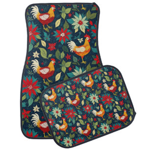 Christmas Farm Chickens And Poinsettias Car Floor Mat