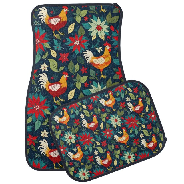 Christmas Farm Chickens And Poinsettias Car Floor Mat (Set)