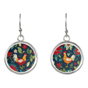 Christmas Farm Chickens And Poinsettias Earrings