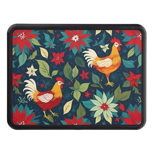 Christmas Farm Chickens And Poinsettias Hitch Cover (Front)