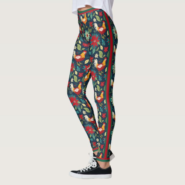 Christmas Farm Chickens And Poinsettias Leggings (Left)