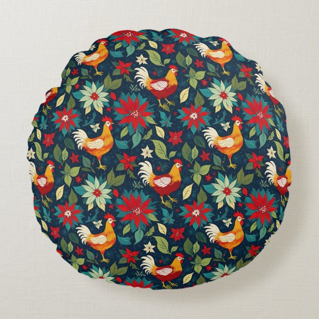 Christmas Farm Chickens And Poinsettias Round Pillow (Front)