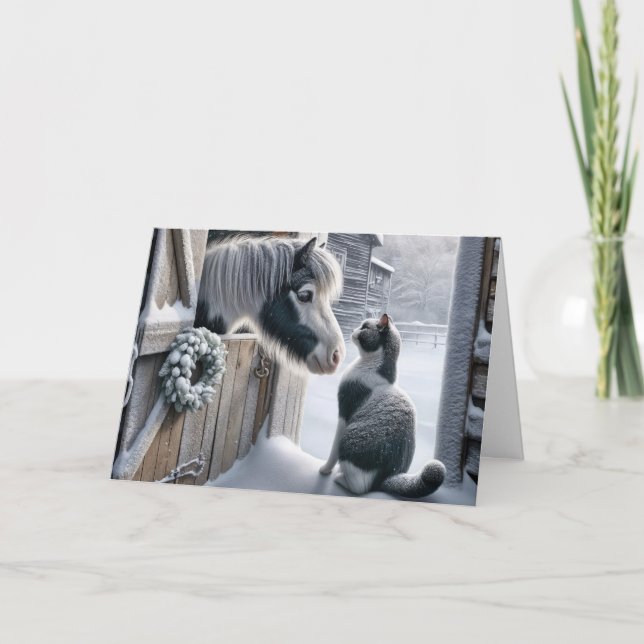 Christmas Farm Pony and Cat Holiday Card (Front)