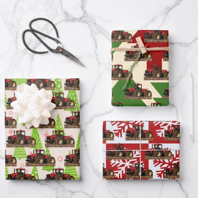 Christmas Farm Red Tractor Equipment Festive Wrapping Paper Sheets (Front)