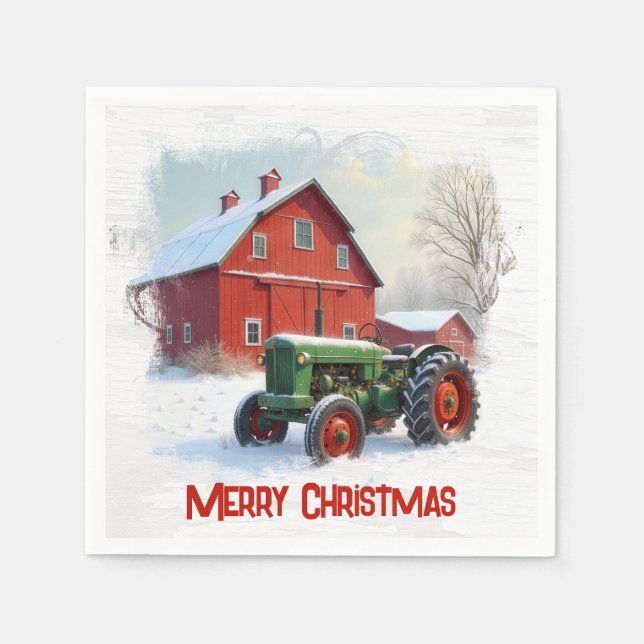 Christmas Farm Tractor and Red Barn Napkins (Front)