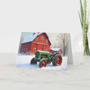 Christmas Farm Tractor By a Red Barn Holiday Card