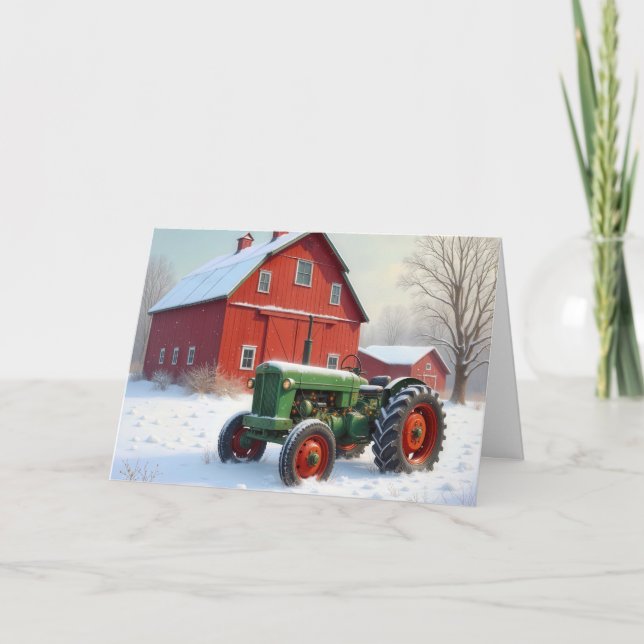 Christmas Farm Tractor By a Red Barn Holiday Card (Front)