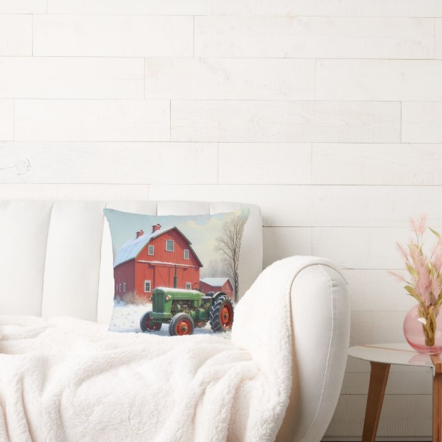 Christmas Farm Tractor By a Red Barn Throw Pillow (Couch)
